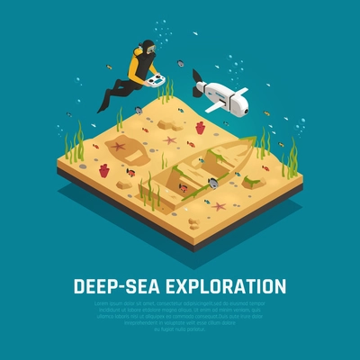 Bio robot fish for deep sea exploration isometric composition diver with automatic underwater device vector illustration