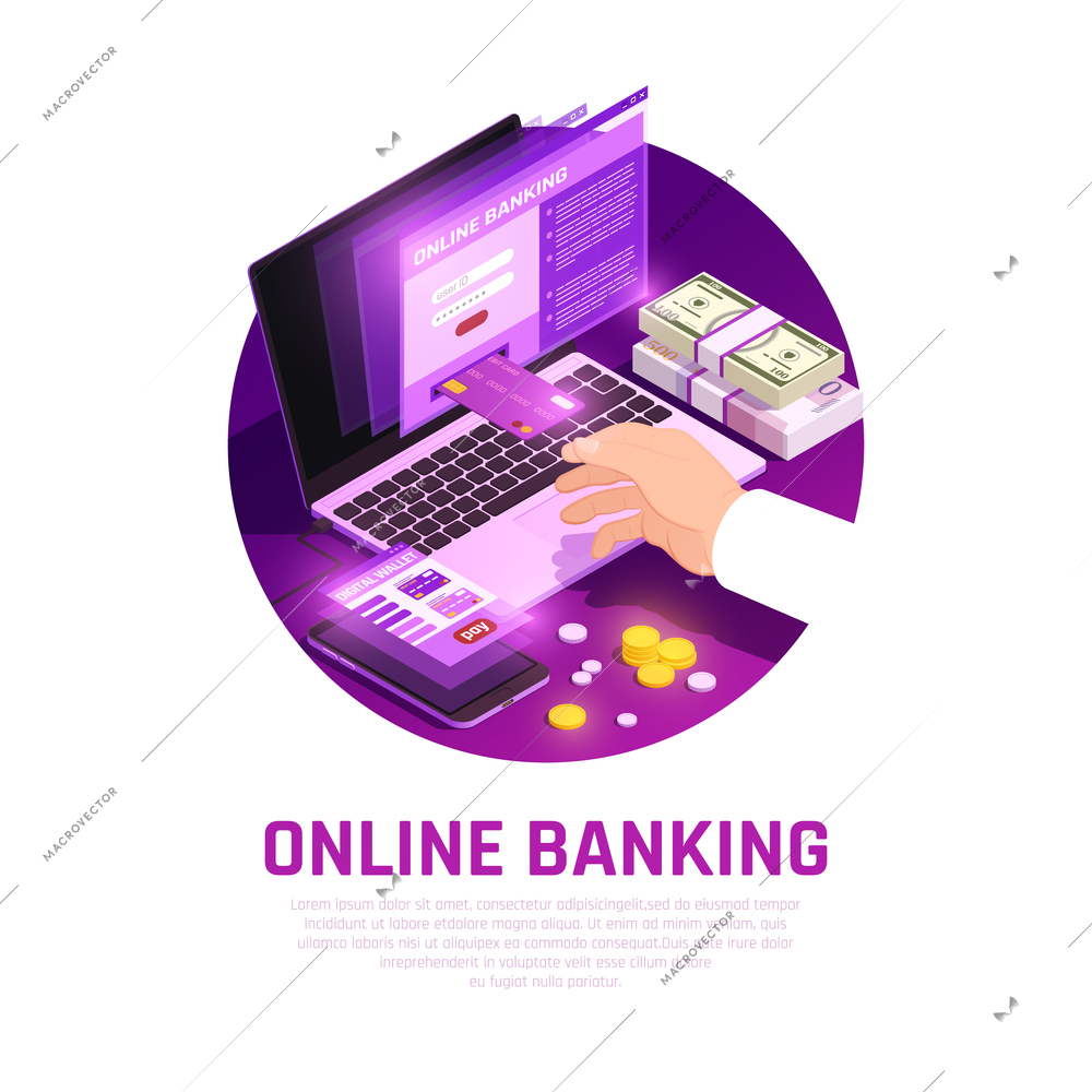 Online banking app with user interface elements for laptop and smart phone isometric round composition vector illustration