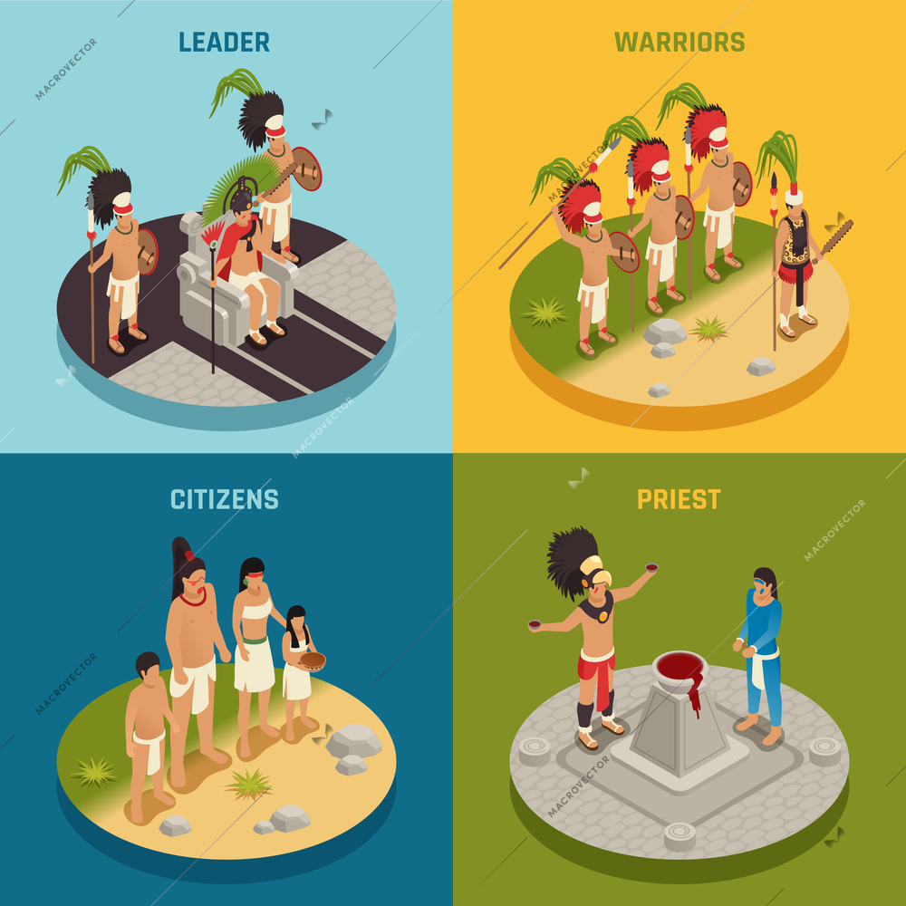 People of maya civilization tribal leader warriors priest and citizens isometric design concept isolated vector illustration