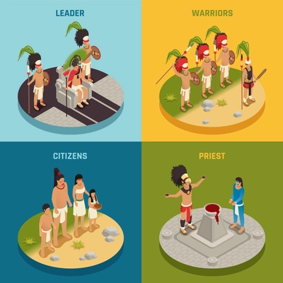 People of maya civilization tribal leader warriors priest and citizens isometric design concept isolated vector illustration