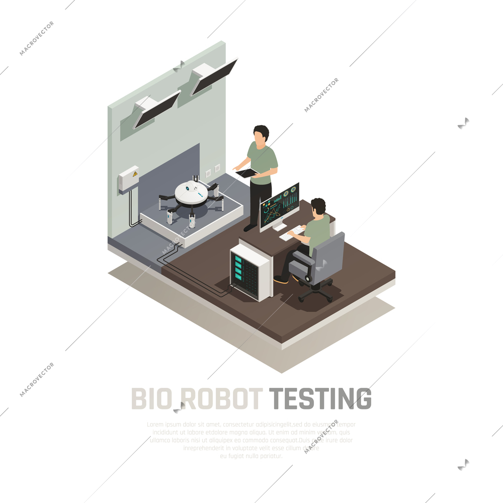 Testing of bio robot spider isometric composition men with equipment during inspection of automatic device vector illustration