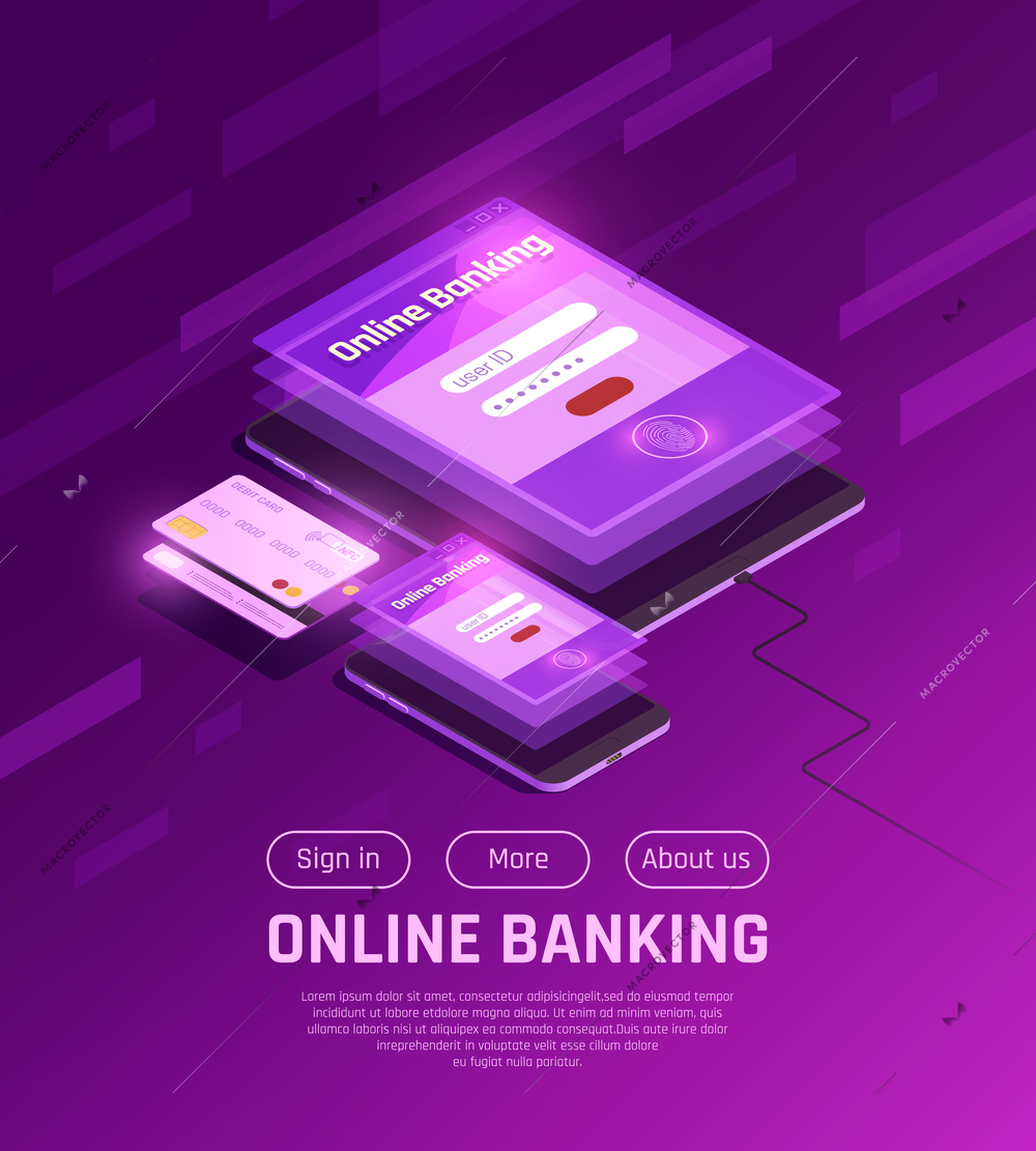 Online banking on mobile devices isometric web page with menu buttons on purple background vector illustration
