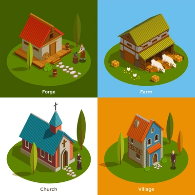 Medieval settlement architecture 4 flat isometric compositions with farm church forge buildings village house isolated vector illustration