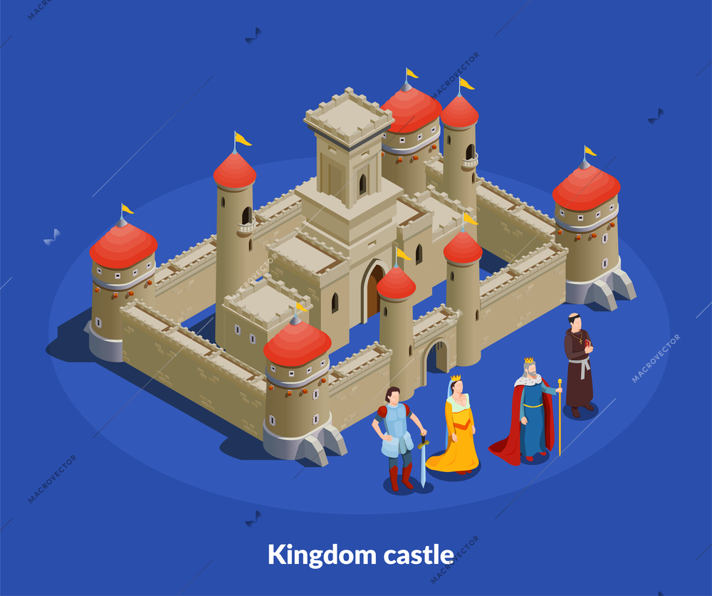 Medieval kingdom fortified castle with stone walls towers isometric composition with king queen bishop knight vector illustration