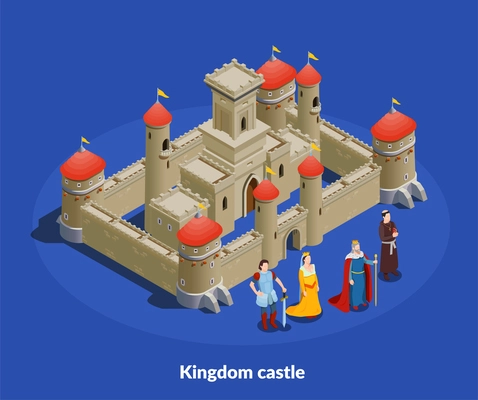 Medieval kingdom fortified castle with stone walls towers isometric composition with king queen bishop knight vector illustration