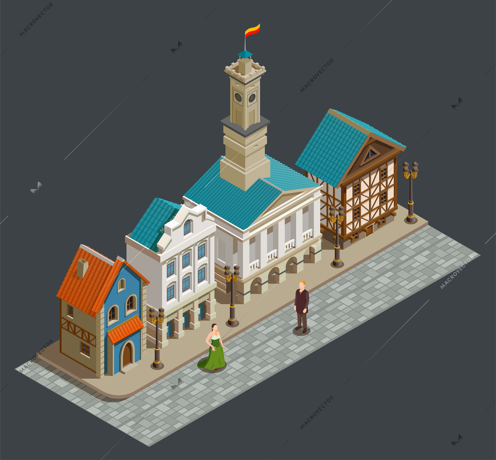 Medieval urban architecture isometric composition with wealthy people private buildings in residential area city street vector illustration