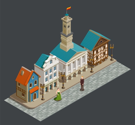 Medieval urban architecture isometric composition with wealthy people private buildings in residential area city street vector illustration