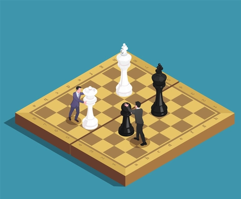 Chess game concept isometric composition of players ending moves with kings queen pawn pieces on chessboard vector illustration