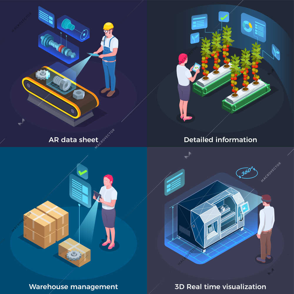 Industrial augmented reality concept 4 applications with 3d real time process  visualization technology isometric set vector illustration