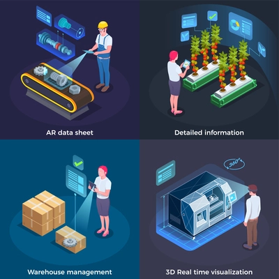 Industrial augmented reality concept 4 applications with 3d real time process  visualization technology isometric set vector illustration