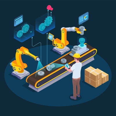 Industrial augmented reality applications isometric composition with computer assisted manufacturing using 3d holographic display technology vector illustration