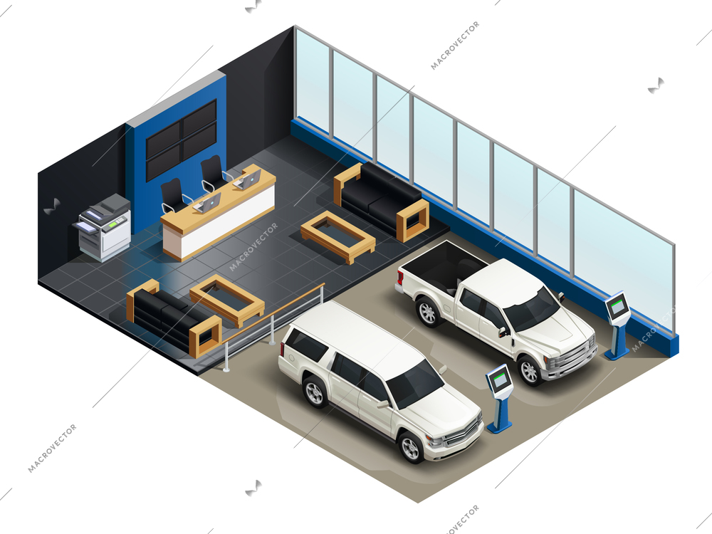 Auto sale salon realistic isometric composition with 2 vehicles electronic info display customers service unit vector illustration