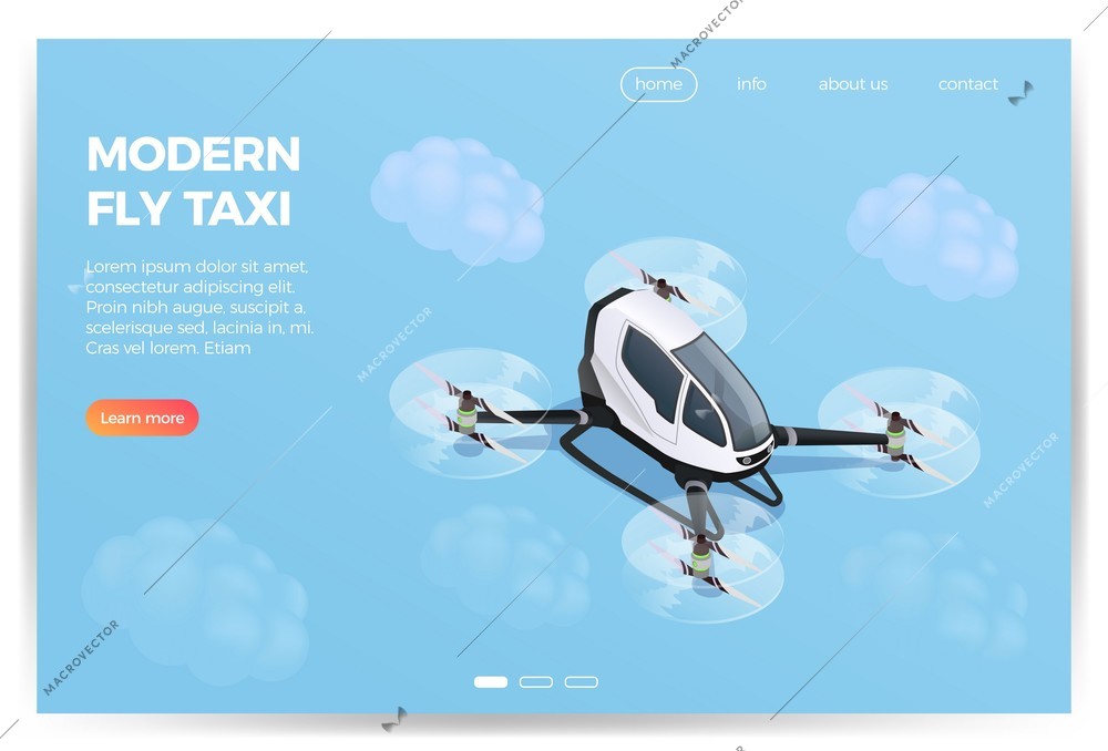 Quadrocopter drone passenger carrying device service isometric composition web page design with modern flying taxi vector illustration