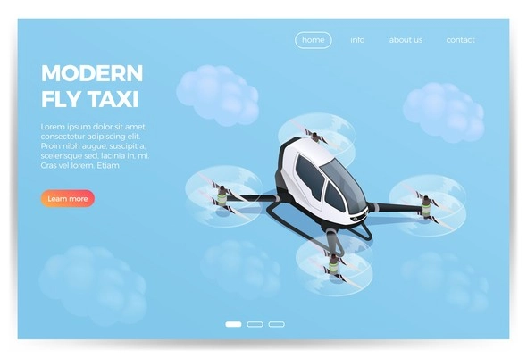 Quadrocopter drone passenger carrying device service isometric composition web page design with modern flying taxi vector illustration