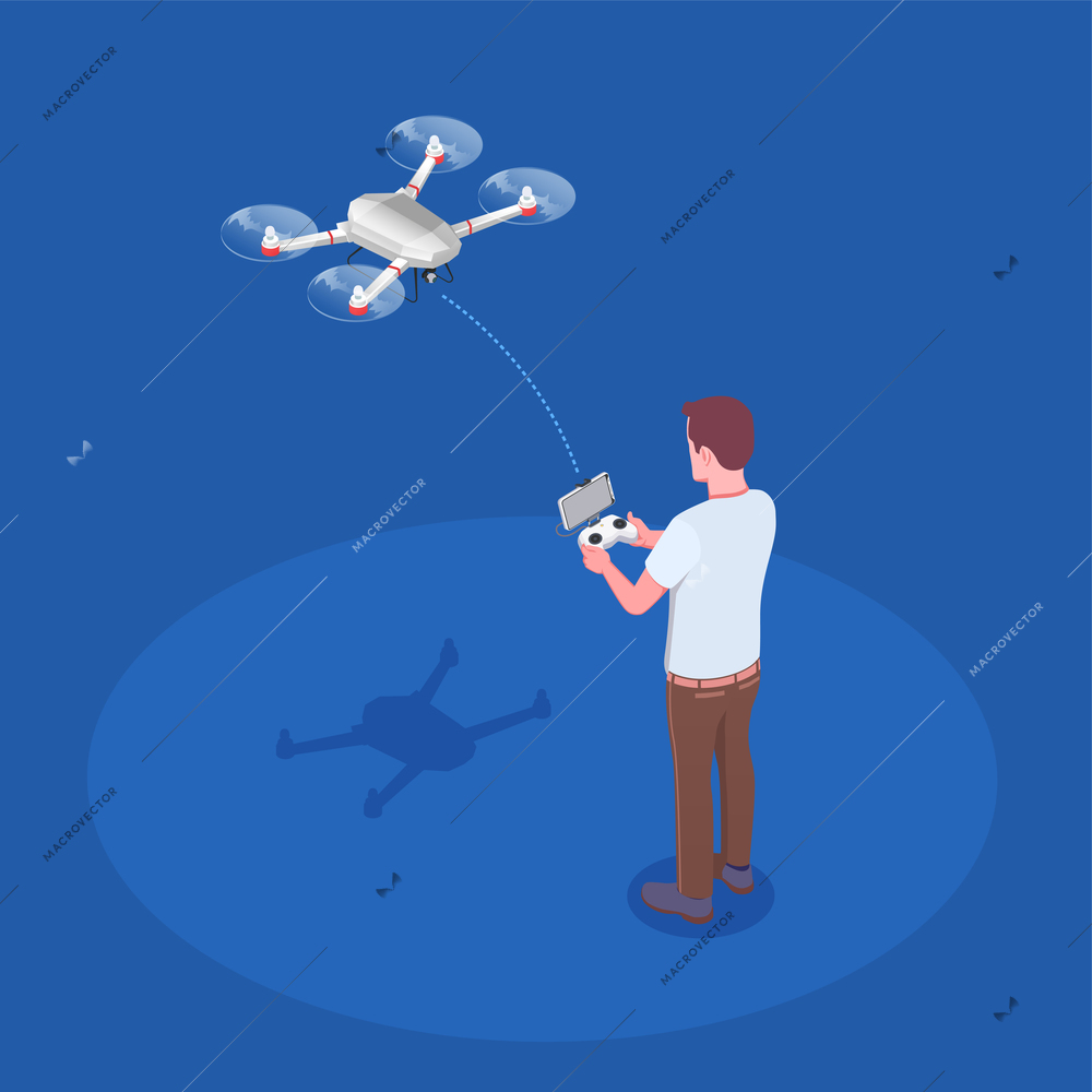 Man piloting quadcopter drone with hand held transmitter remote controlling flight isometric composition blue background vector illustration