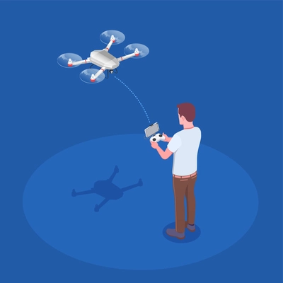 Man piloting quadcopter drone with hand held transmitter remote controlling flight isometric composition blue background vector illustration