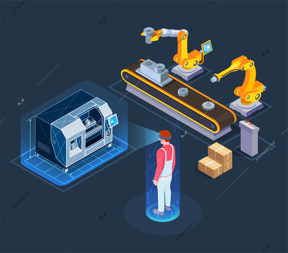 Industrial augmented reality applications with automated robotic production line virtual assistant isometric composition black background vector illustration