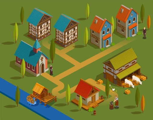 Medieval settlement architecture flat isometric composition with farm church forge buildings family houses water mill  vector illustration