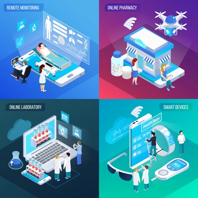 Telemedicine remote health service 4 isometric colorful compositions square with online laboratory mobile smart devices vector illustration