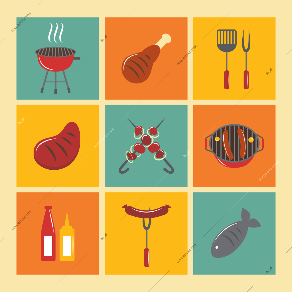 Fish and meat bbq food fire outdoor party icons flat set isolated vector illustration