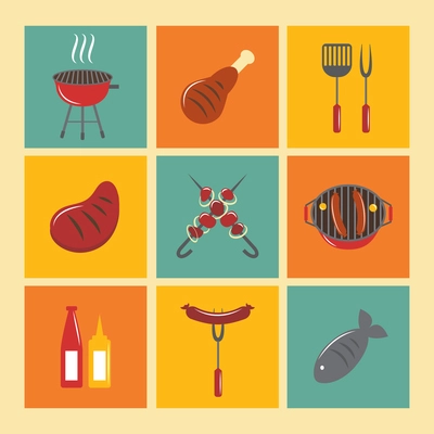 Fish and meat bbq food fire outdoor party icons flat set isolated vector illustration