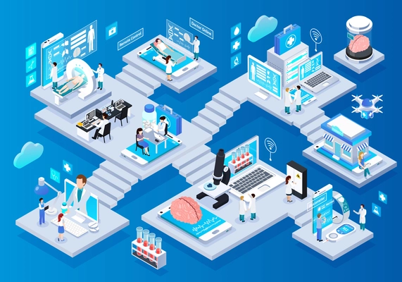 Telemedicine glow isometric infographic elements composition with smart portable devices remote monitoring consulting tests prescriptions vector illustration