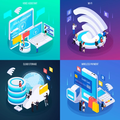 Wireless technology concept 4 glow isometric compositions with cloud storage voice assistant service wireless payment vector illustration