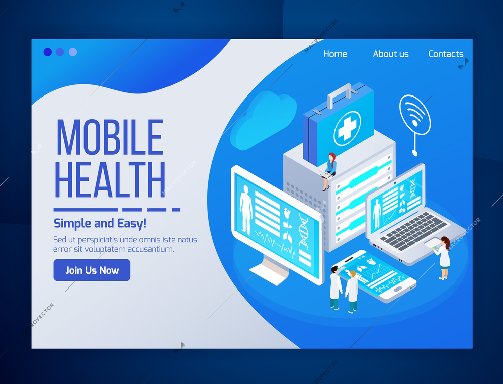 Mobile health care telemedicine glow isometric web page design with medical tests laptop tablet phone screens vector illustration