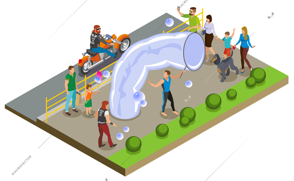 Bubble show and entertainment composition with performers and spectators symbols isometric vector illustration