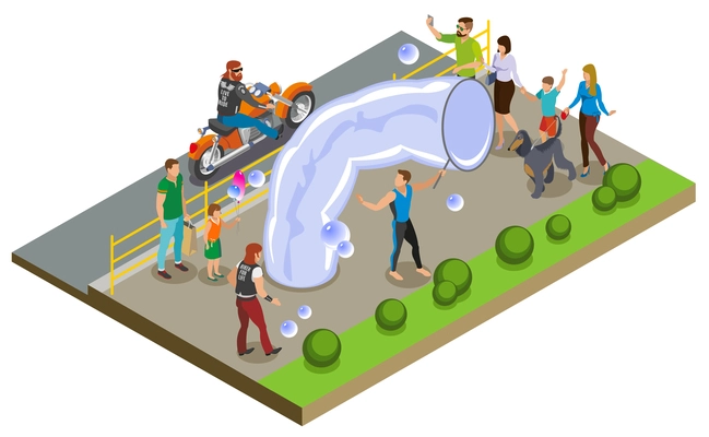 Bubble show and entertainment composition with performers and spectators symbols isometric vector illustration