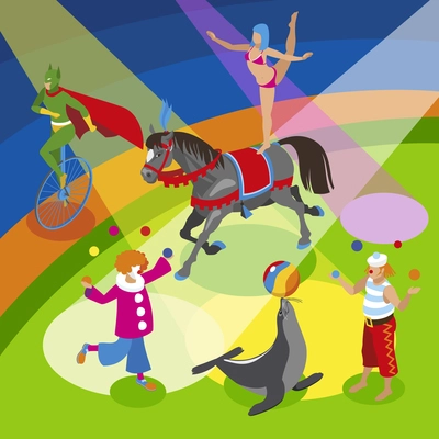 Performers and entertainment composition with clowns jugglers and animals flat vector illustration