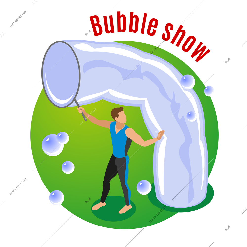 Bubble show and entertainment background with performers symbols flat vector illustration