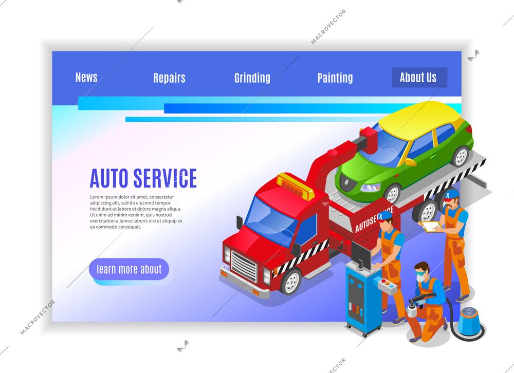 Auto service page design with repairs and painting symbols isometric vector illustration