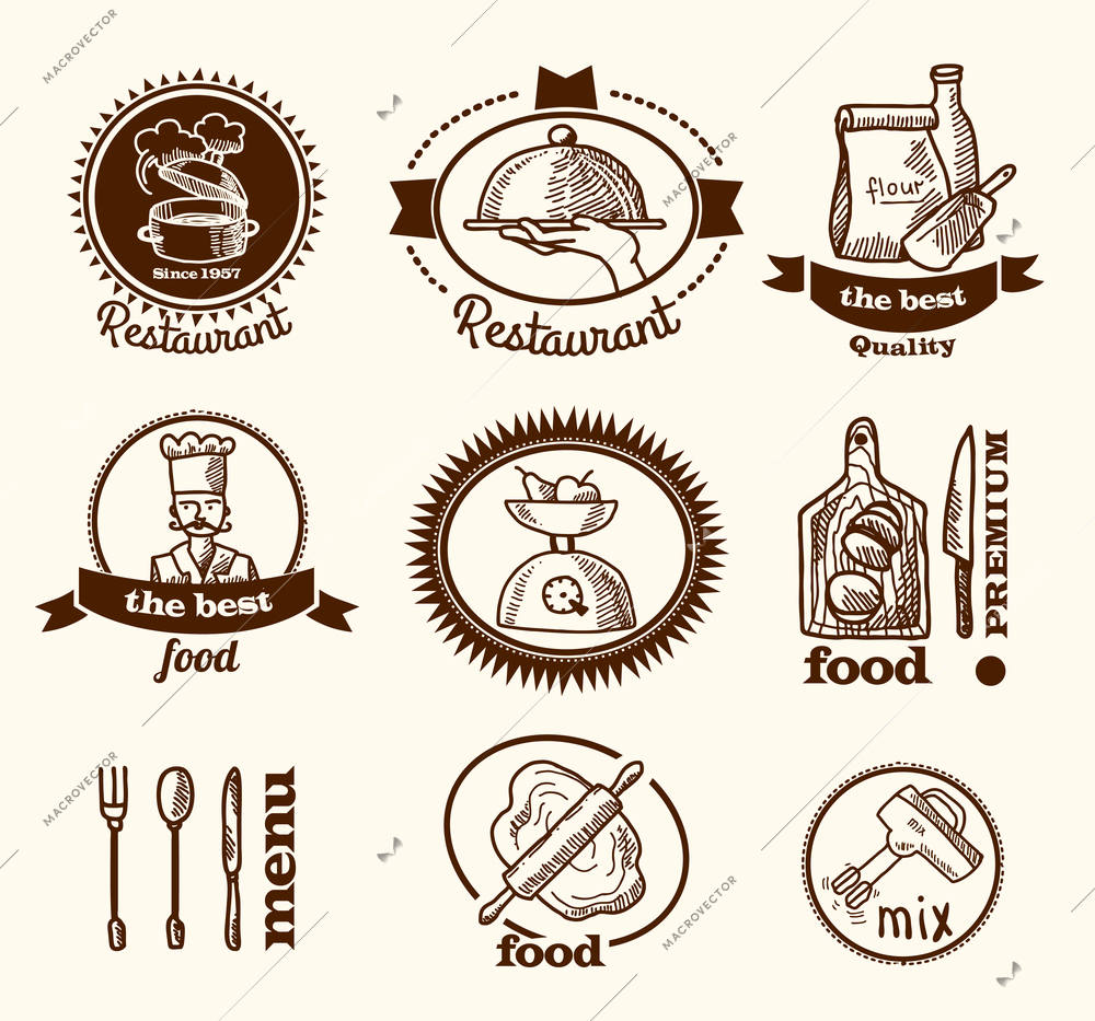 Restaurant best quality premium food menu labels set isolated vector illustration