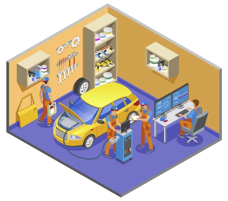 Auto service isometric composition with diagnostics and repair symbols vector illustration