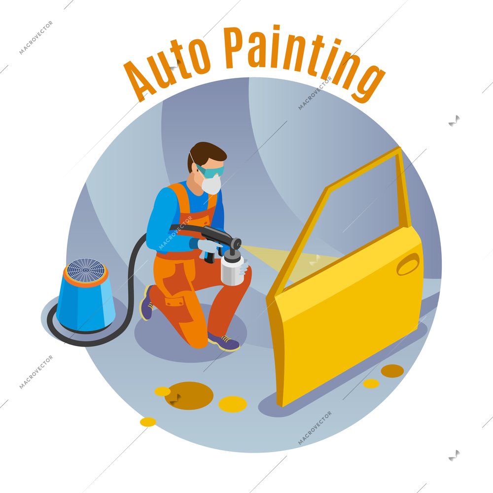 Auto service background with auto painting service symbols isometric vector illustration