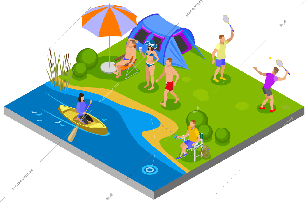 Outdoor activities composition with camping and recreation symbols isometric vector illustration