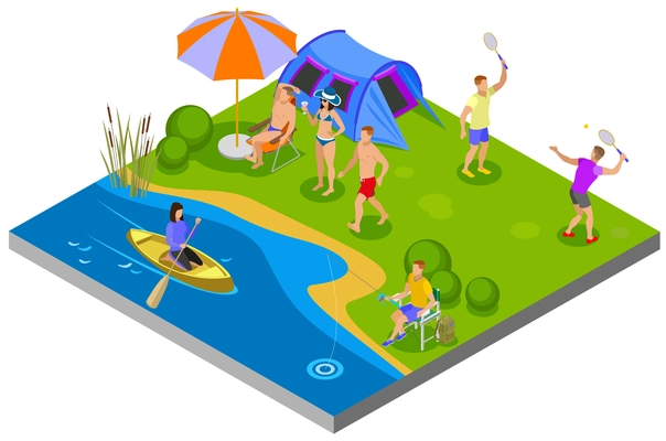 Outdoor activities composition with camping and recreation symbols isometric vector illustration