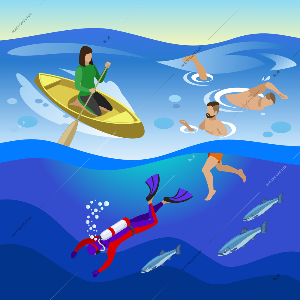 Sea outdoor activities composition with swimminf and diving symbols isometric vector illustration