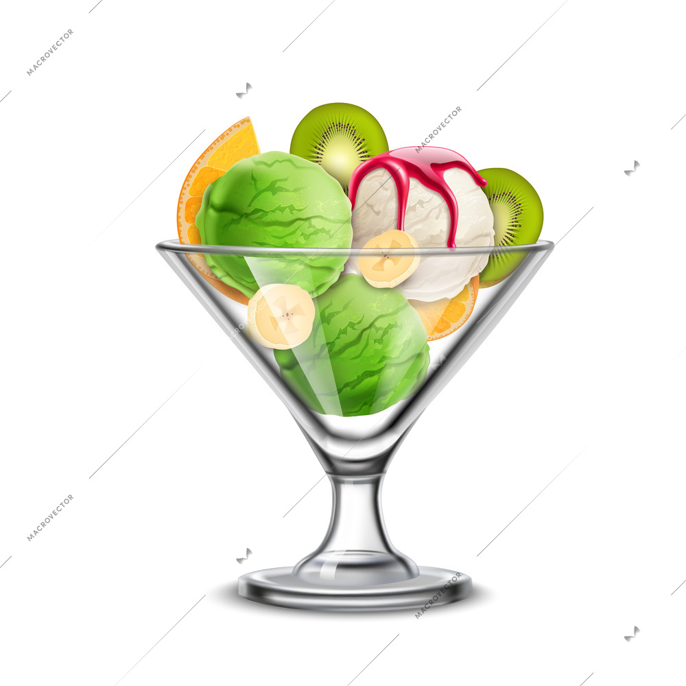 Ice cream in glass bowl realistic composition with delicious pistachio icecream scoops mixed with kiwi and banana vector illustration