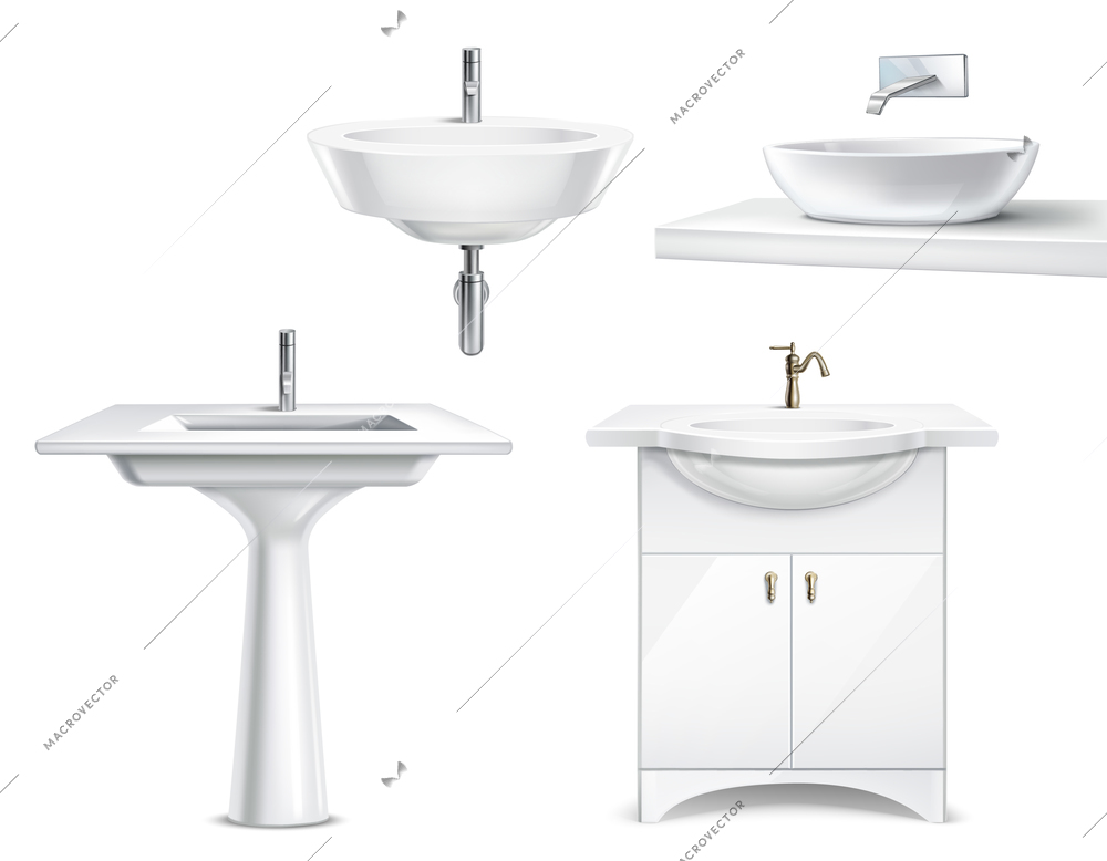 Bathroom objects realistic 3d collection with isolated images of white ceramic fitments for bath and toilet vector illustration