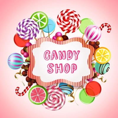 Candy shop composition with realistic images of sweet caramel products and lollies with text in frame vector illustration