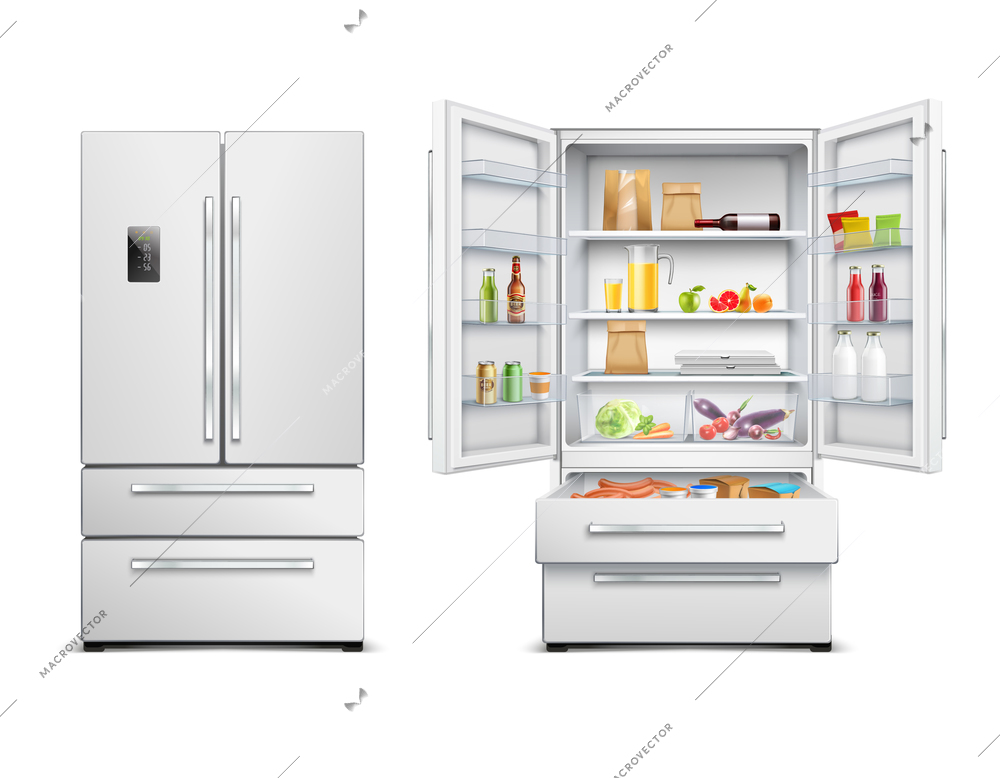 Set of two isolated refrigerator fridge realistic images with two views of opened and closed cabinet vector illustration