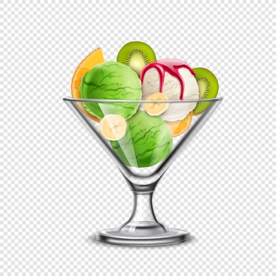 Ice cream in glass bowl transparent realistic composition with orange banana and kiwi slices with scoops vector illustration