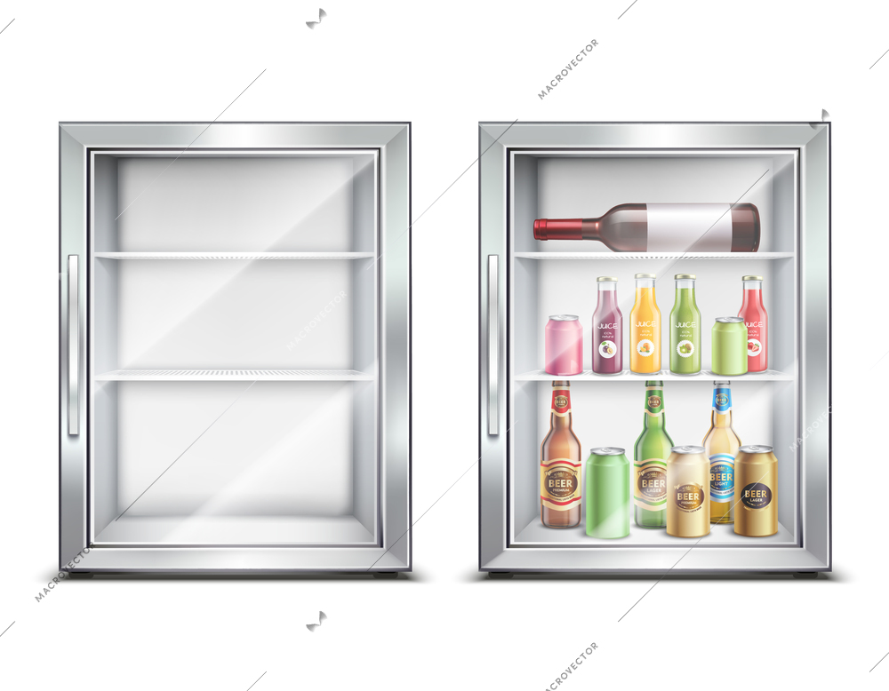 Refrigerator fridge realistic set with two isolated images of small refrigerated mini bar with glossy door vector illustration
