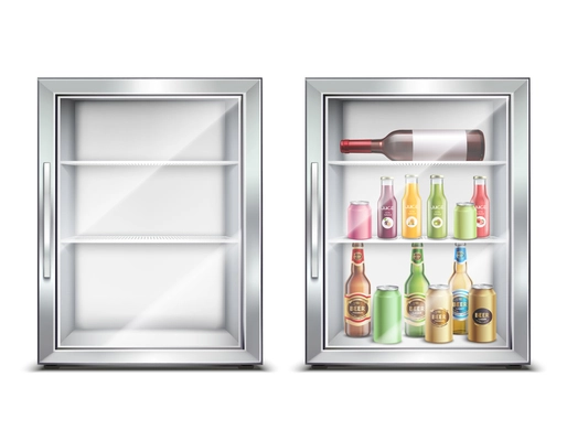 Refrigerator fridge realistic set with two isolated images of small refrigerated mini bar with glossy door vector illustration