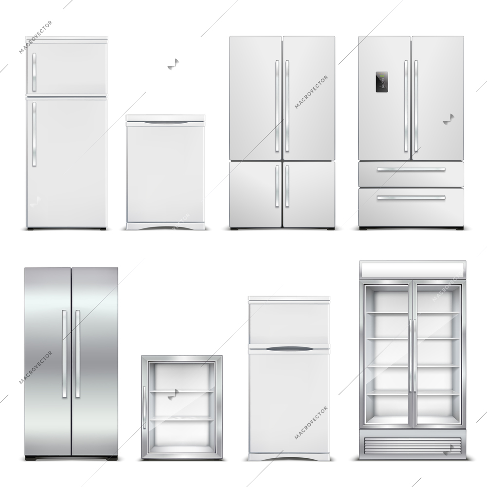 Refrigerator fridge realistic set of isolated cabinets with different models and door shapes on blank background vector illustration