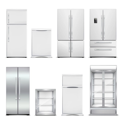 Refrigerator fridge realistic set of isolated cabinets with different models and door shapes on blank background vector illustration