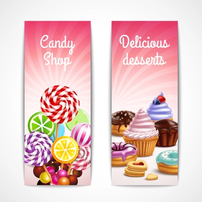 Sweets and desserts banners collection with two vertical banners editable text and images of confectionery products vector illustration
