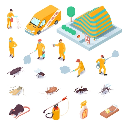 Isometric set of icons with pest control service specialists their equipment insects and rodents 3d isolated vector illustration